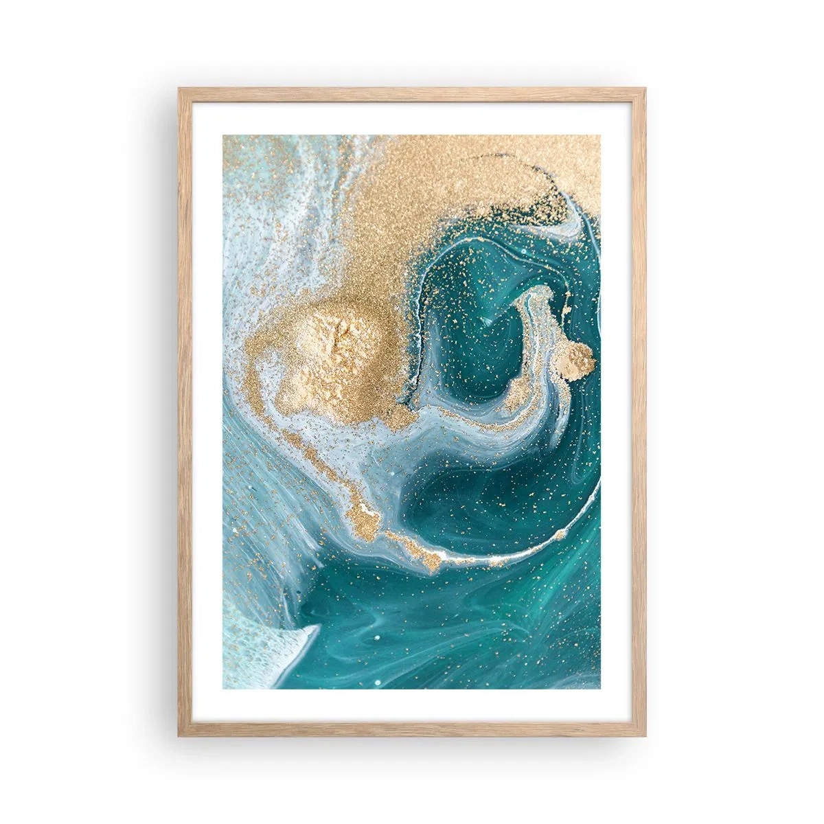 Affiche dans un chêne clair - Poster - Tourbillon d'or et de turquoise - 50x70 cm