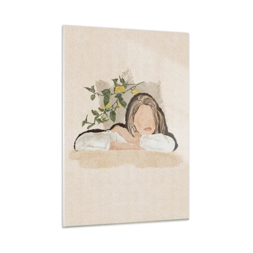 Impression sur verre - Image sur verre - Une femme appuyée sur une table parmi les branches d'un citronnier, le visage sans traits. - 50x70cm - La beauté du sud - Décoration murale moderne pour le salon et la chambre ARTTOR