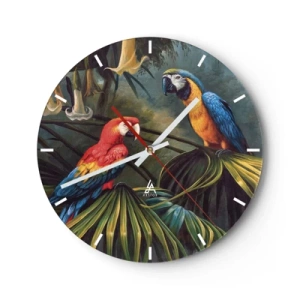 Horloge murale - Pendule murale - Deux perroquets colorés assis sur des feuilles tropicales - 30x30cm - Romantisme dans les tropiques - Décoration murale moderne pour le salon, la cuisine et la chambre ARTTOR