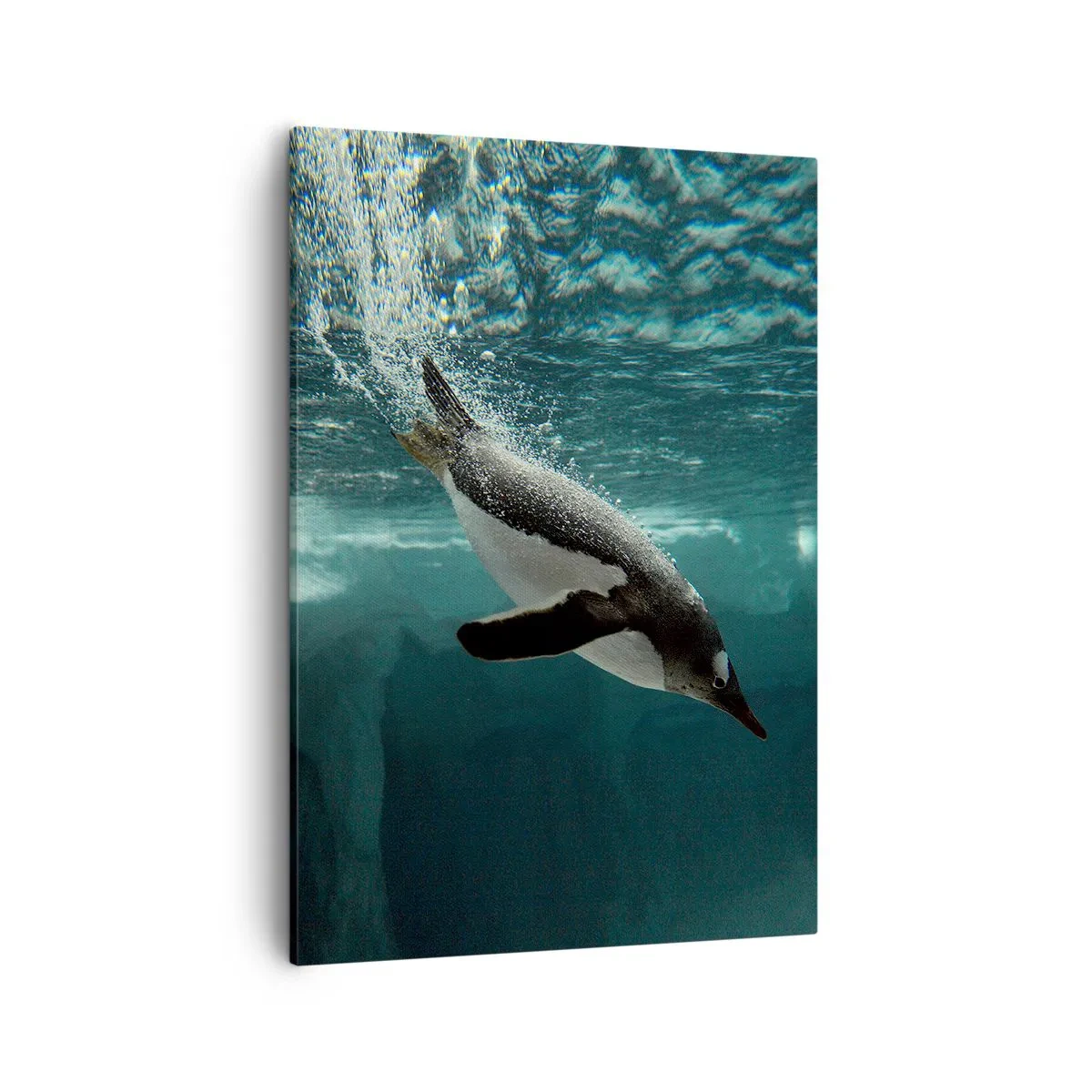 Impression sur toile - Image sur toile - Un pingouin plongeant dans les profondeurs de l'eau glacée - 50x70cm - Bienvenue dans mon monde - Décoration murale moderne pour le salon et la chambre ARTTOR
