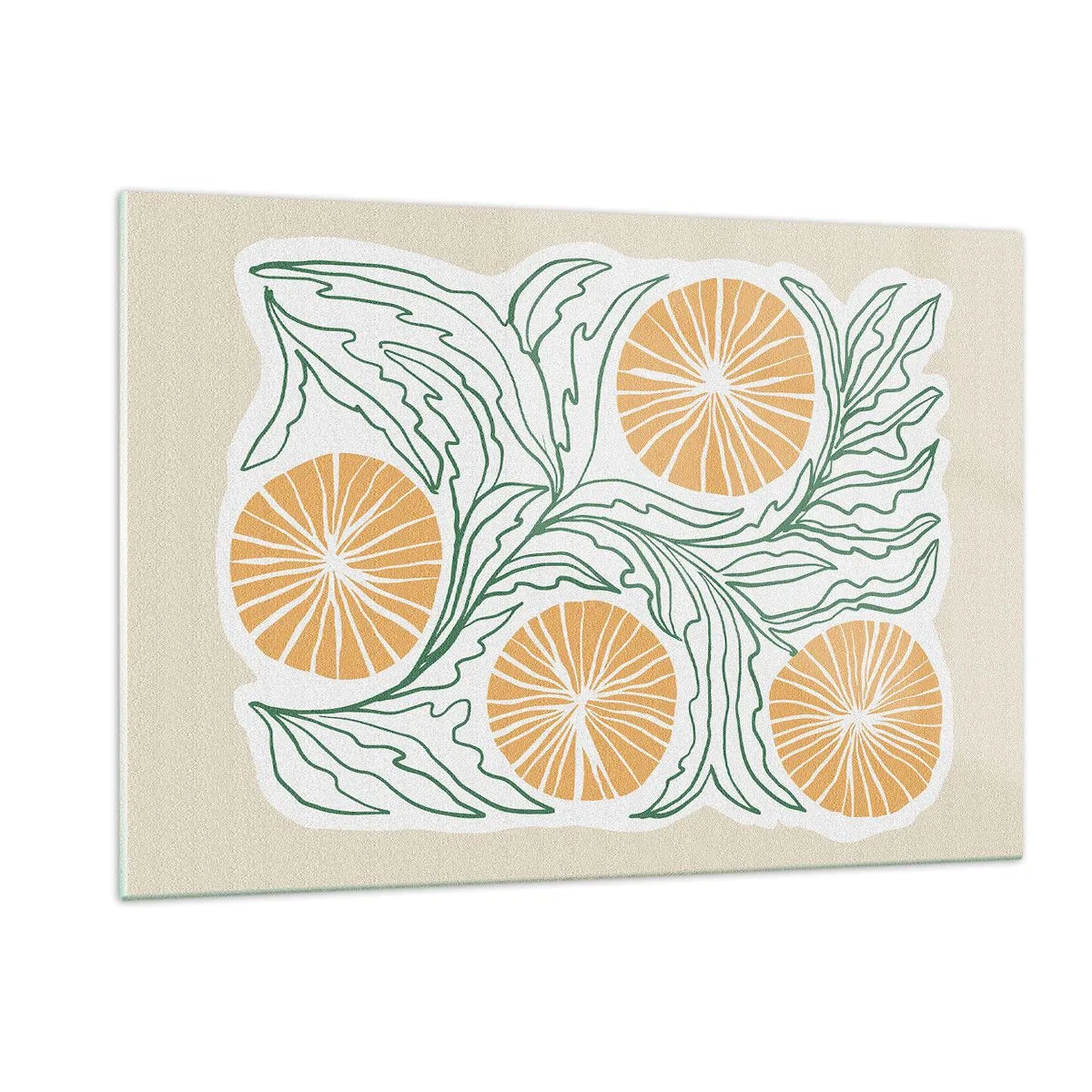 Impression sur verre - Image sur verre - Fruits orange et feuilles vertes dans une composition graphique - 120x80cm - Ethnique avec une pointe d'abstraction - Décoration murale moderne pour le salon et la chambre ARTTOR