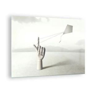 Impression sur verre - Image sur verre - Une main en bois tenant un cerf-volant flottant sur son doigt - 70x50cm - Épreuve de force - Décoration murale moderne pour le salon et la chambre ARTTOR