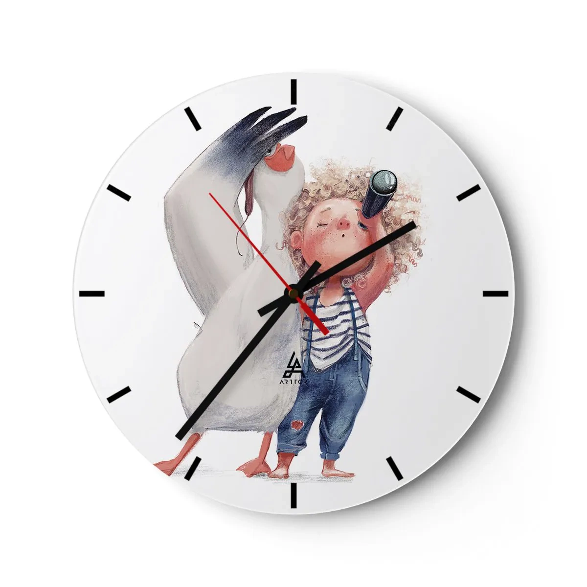 Horloge murale - Pendule murale - Un enfant avec des jumelles et un grand oiseau sur fond blanc - 30x30cm - Plan de grand voyage - Décoration murale moderne pour le salon, la cuisine et la chambre ARTTOR