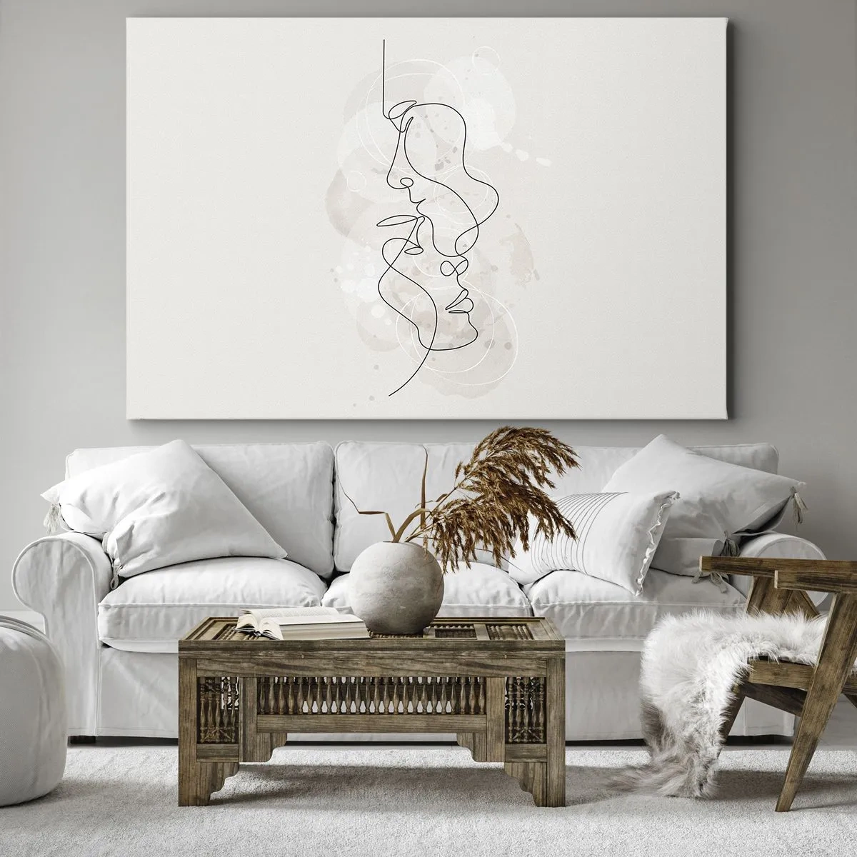 Impression sur toile - Image sur toile - Contour abstrait de deux visages sur fond clair - 70x50cm - Emmêlé dans une étreinte - Décoration murale moderne pour le salon et la chambre ARTTOR