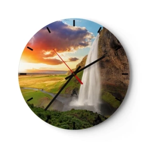 Horloge murale - Pendule murale - Une cascade dans le paysage islandais au coucher du soleil - 30x30cm - La plénitude de l'été islandais - Décoration murale moderne pour le salon, la cuisine et la chambre ARTTOR