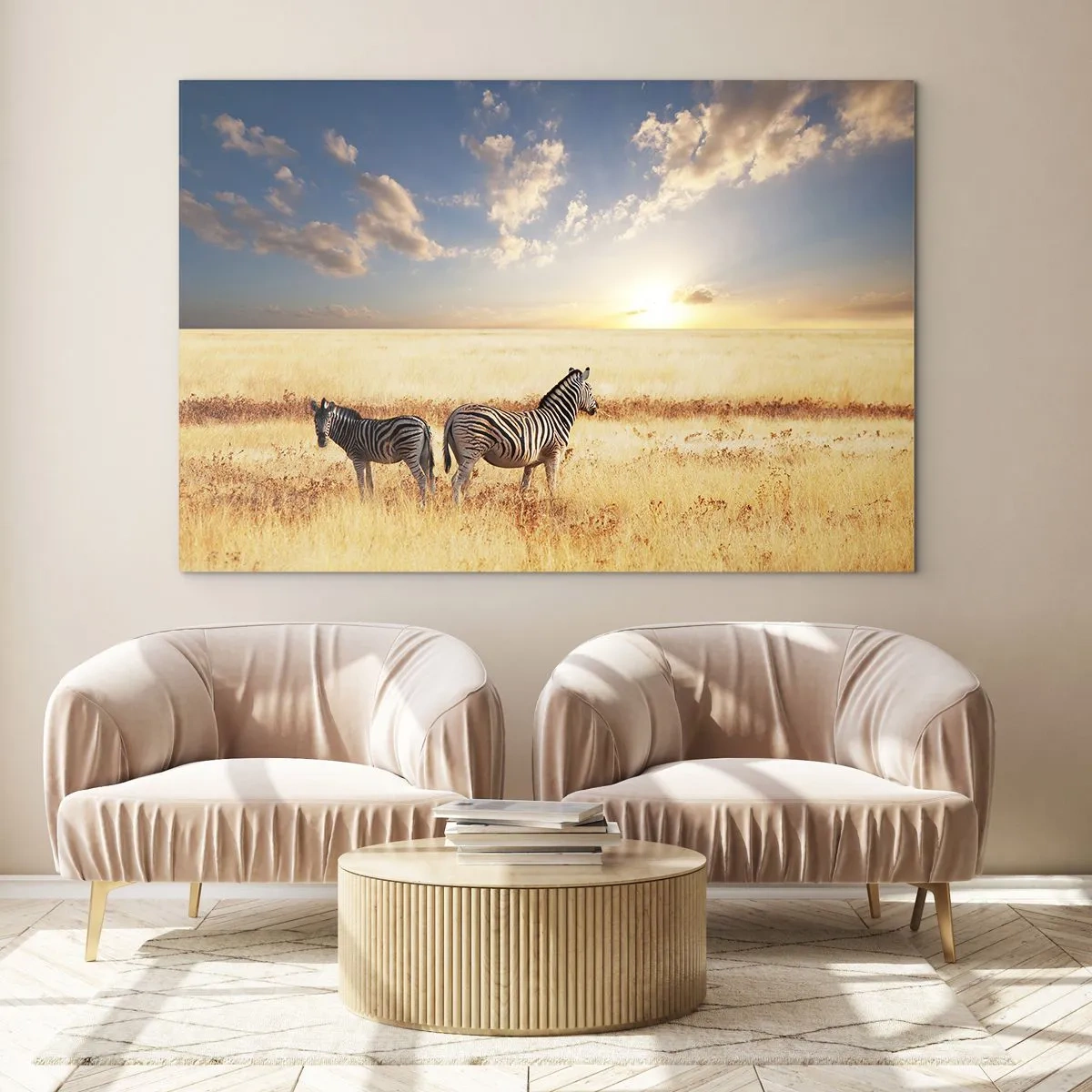 Impression sur verre - Image sur verre - Deux zèbres dans la savane au coucher du soleil - 100x70cm - Va-t'en, n'ai pas de paix - Décoration murale moderne pour le salon et la chambre ARTTOR