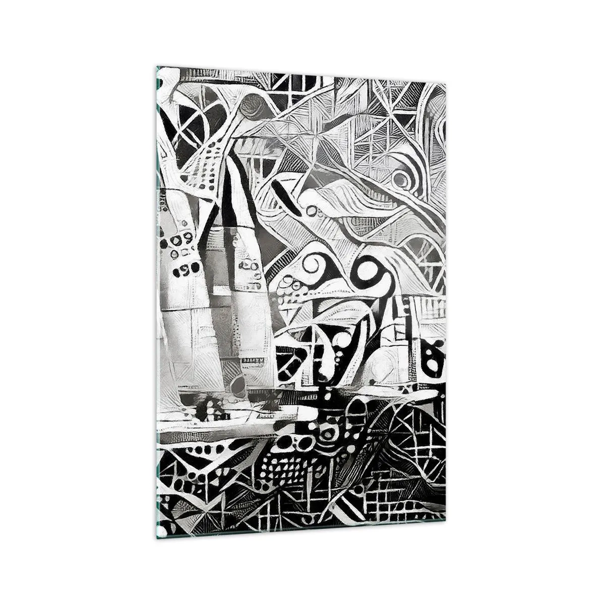 Impression sur verre - Image sur verre - Voiliers abstraits dans une composition monochrome - 70x100cm - Entre les vagues - Décoration murale moderne pour le salon et la chambre ARTTOR