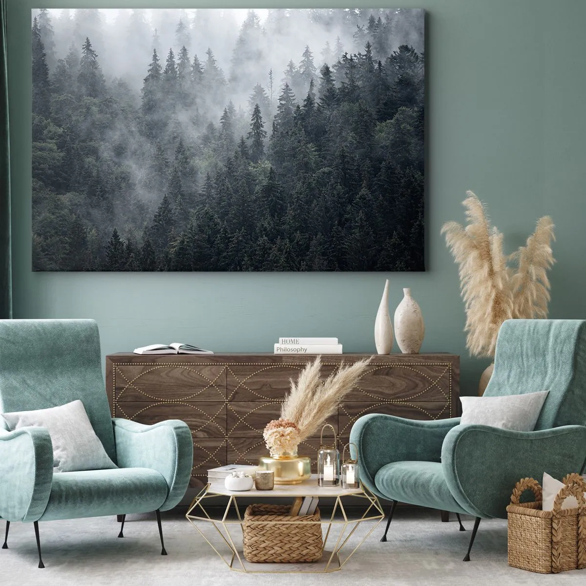 Impression sur toile - Image sur toile - Forêt de conifères brumeuse aux tons gris et verts - 100x70cm - Aube de la forêt - Décoration murale moderne pour le salon et la chambre ARTTOR