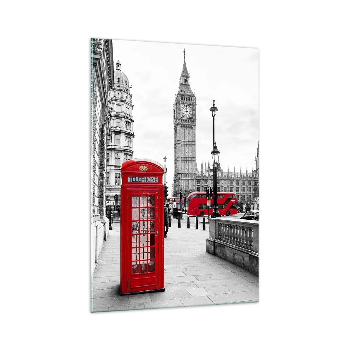 Impression sur verre - Image sur verre - Une cabine téléphonique rouge avec Big Ben en arrière-plan à Londres - 70x100cm - Sans aucun doute Londres - Décoration murale moderne pour le salon et la chambre ARTTOR