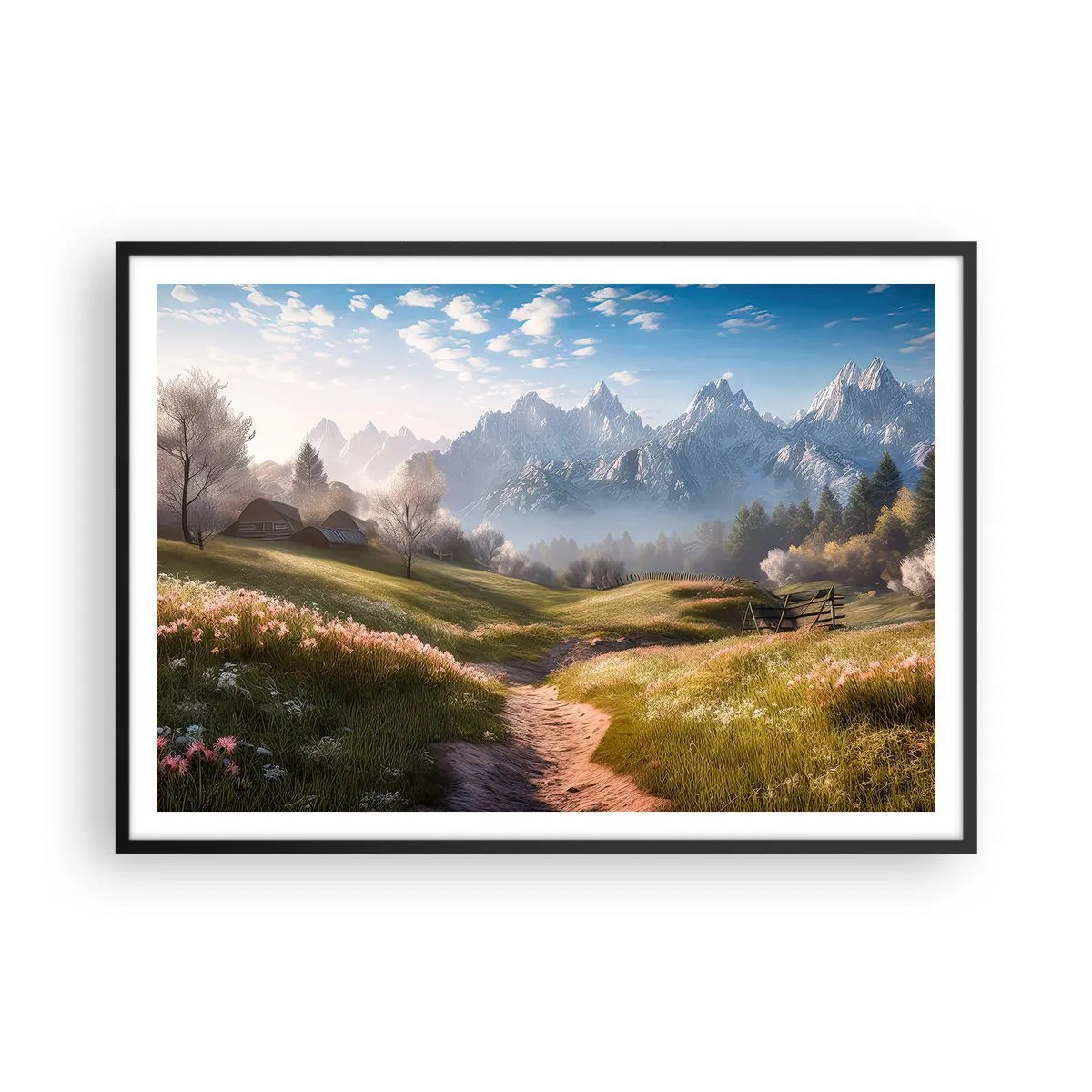 Affiche dans un cadre noir - Poster - Une vallée de montagne avec des prairies, des cabanes et une vue sur les sommets - 100x70cm - Vallée idyllique - Décoration murale moderne pour le salon et la chambre ARTTOR