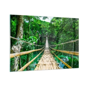 Impression sur verre - Image sur verre - Un pont en bambou suspendu au milieu de la verdure tropicale au-dessus d'une rivière - 100x70cm - Pont de singe en pleine nature - Décoration murale moderne pour le salon et la chambre ARTTOR