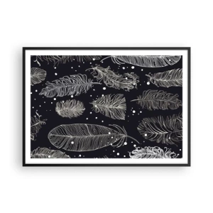 Affiche dans un cadre noir - Poster - Plumes blanches délicates sur fond bleu marine - 100x70cm - Toile de plumes - Décoration murale moderne pour le salon et la chambre ARTTOR