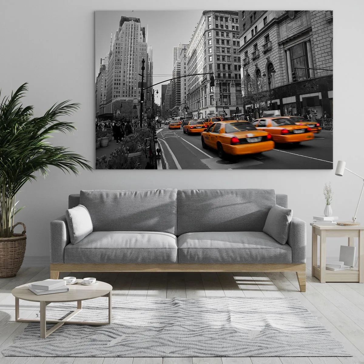 Impression sur verre - Image sur verre - Taxis jaunes dans les rues de la ville dans un décor noir et blanc - 120x80cm - Soleil des grandes villes - Décoration murale moderne pour le salon et la chambre ARTTOR