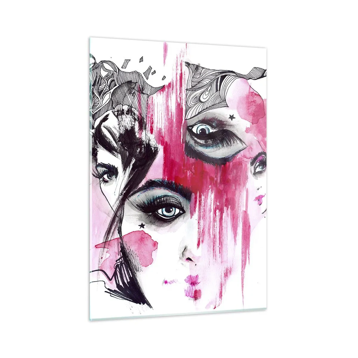 Impression sur verre - Image sur verre - Visages féminins abstraits avec des accents roses dans un style croquis. - 50x70cm - Yeux abstraits - Décoration murale moderne pour le salon et la chambre ARTTOR