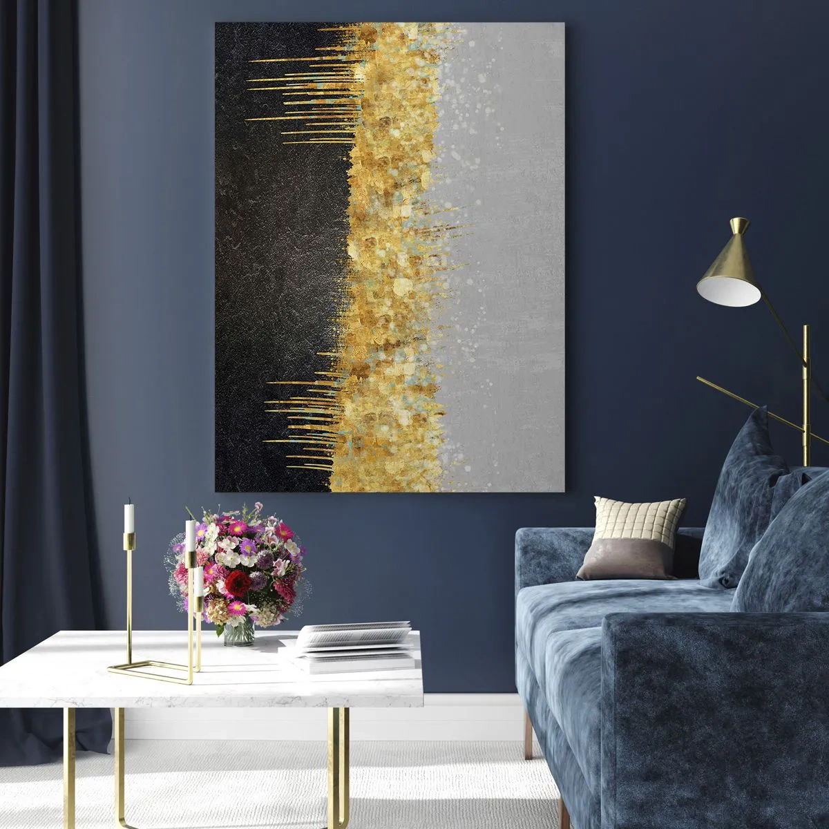 Impression sur verre - Image sur verre - Composition abstraite dans les tons d'or et de noir - 80x120cm - Vers l'intérieur et vers le haut - Décoration murale moderne pour le salon et la chambre ARTTOR