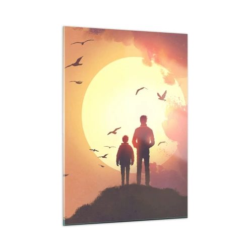 Impression sur verre - Image sur verre - Figures d'un père et de son fils debout sur fond de soleil couchant et d'oiseaux en vol - 50x70cm - Face à face avec le soleil - Décoration murale moderne pour le salon et la chambre ARTTOR