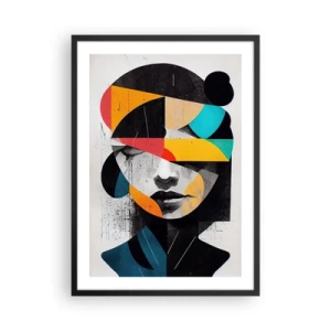 Affiche dans un cadre noir - Poster - Portrait d'intérieur, portrait abstrait stylisé multicolore d'une femme - 50x70cm - Portrait intérieur multicolore - Décoration murale moderne pour le salon et la chambre ARTTOR