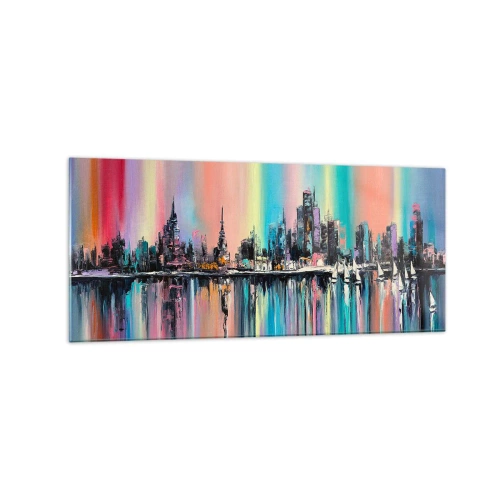 Impression sur verre - Image sur verre - Paysage urbain coloré avec reflet sur l'eau - 120x50cm - Noyé par la lumière de la nuit - Décoration murale moderne pour le salon et la chambre ARTTOR