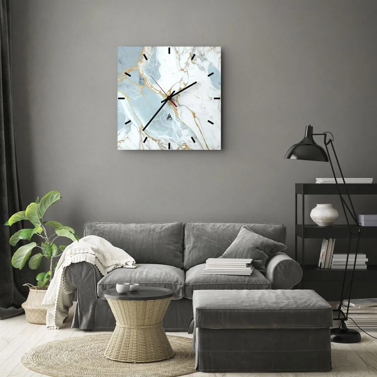Horloge murale - Pendule murale - Motifs en marbre bleu et blanc avec des veines dorées ajoutées - 30x30cm - Richesse en pierre - Décoration murale moderne pour le salon et la chambre ARTTOR