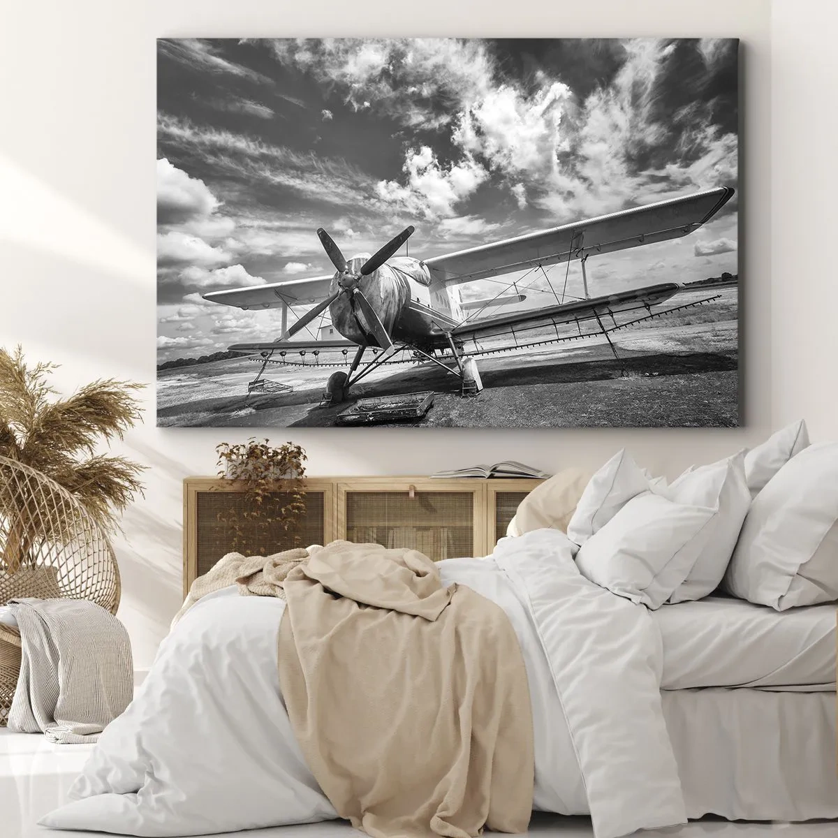 Impression sur toile - Image sur toile - Un vieil avion à l'aéroport en noir et blanc - 70x50cm - Je suis impatient! - Décoration murale moderne pour le salon et la chambre ARTTOR