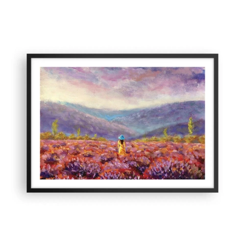 Affiche dans un cadre noir - Poster - Une femme portant un chapeau marchant dans un champ de lavande. - 70x50cm - Dans un monde lavande - Décoration murale moderne pour le salon et la chambre ARTTOR