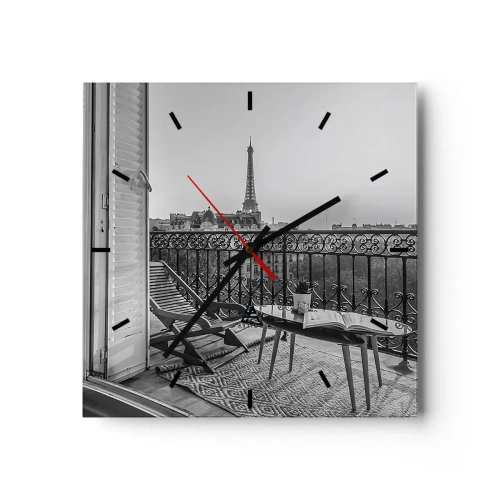 Horloge murale - Pendule murale - Vue sur la Tour Eiffel depuis le balcon avec transats et table - 30x30cm - Après-midi parisien - Décoration murale moderne pour le salon et la chambre ARTTOR