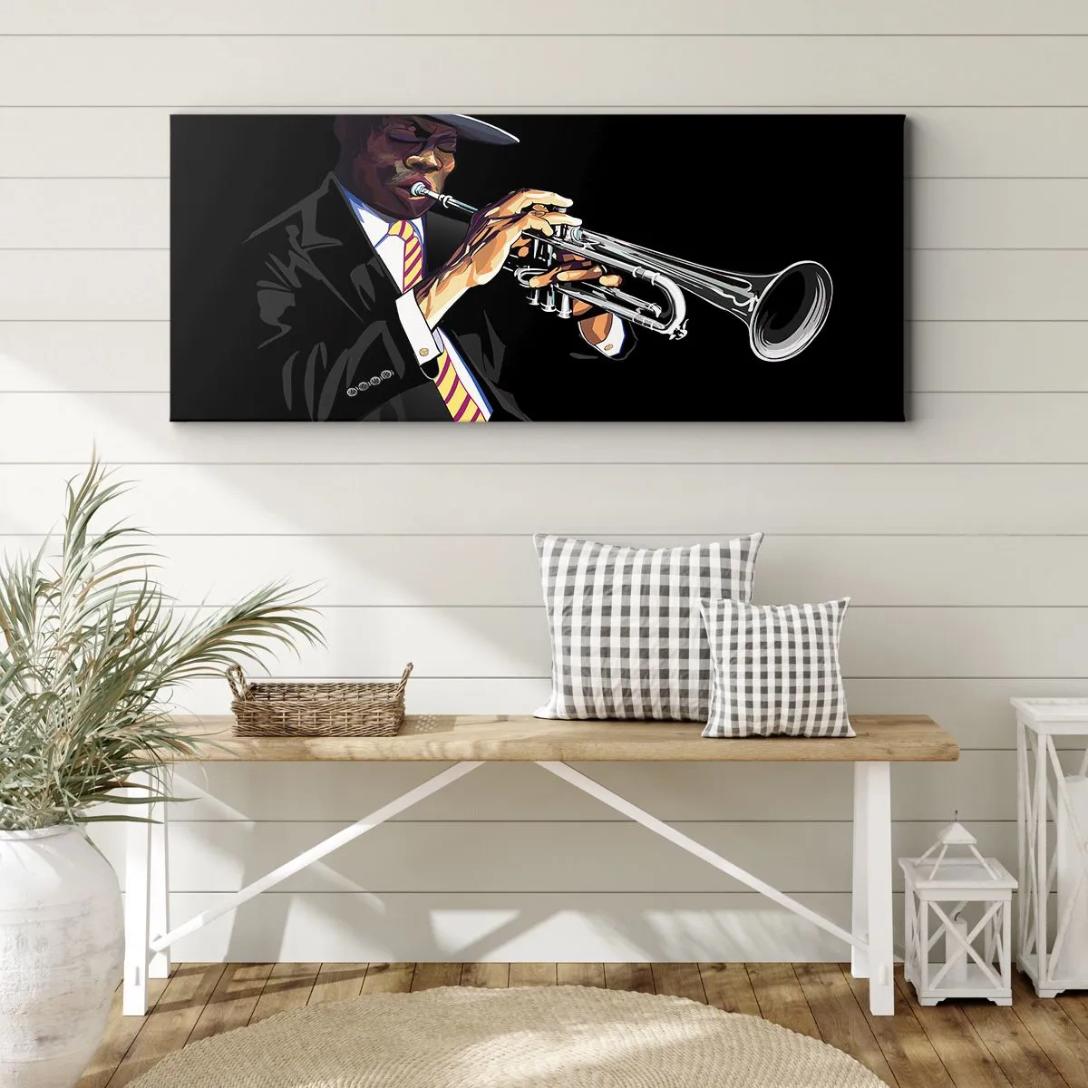 Impression sur toile - Image sur toile - Un musicien jouant de la trompette sur un fond noir - 160x50cm - Le charme de la vieille école - Décoration murale moderne pour le salon et la chambre ARTTOR