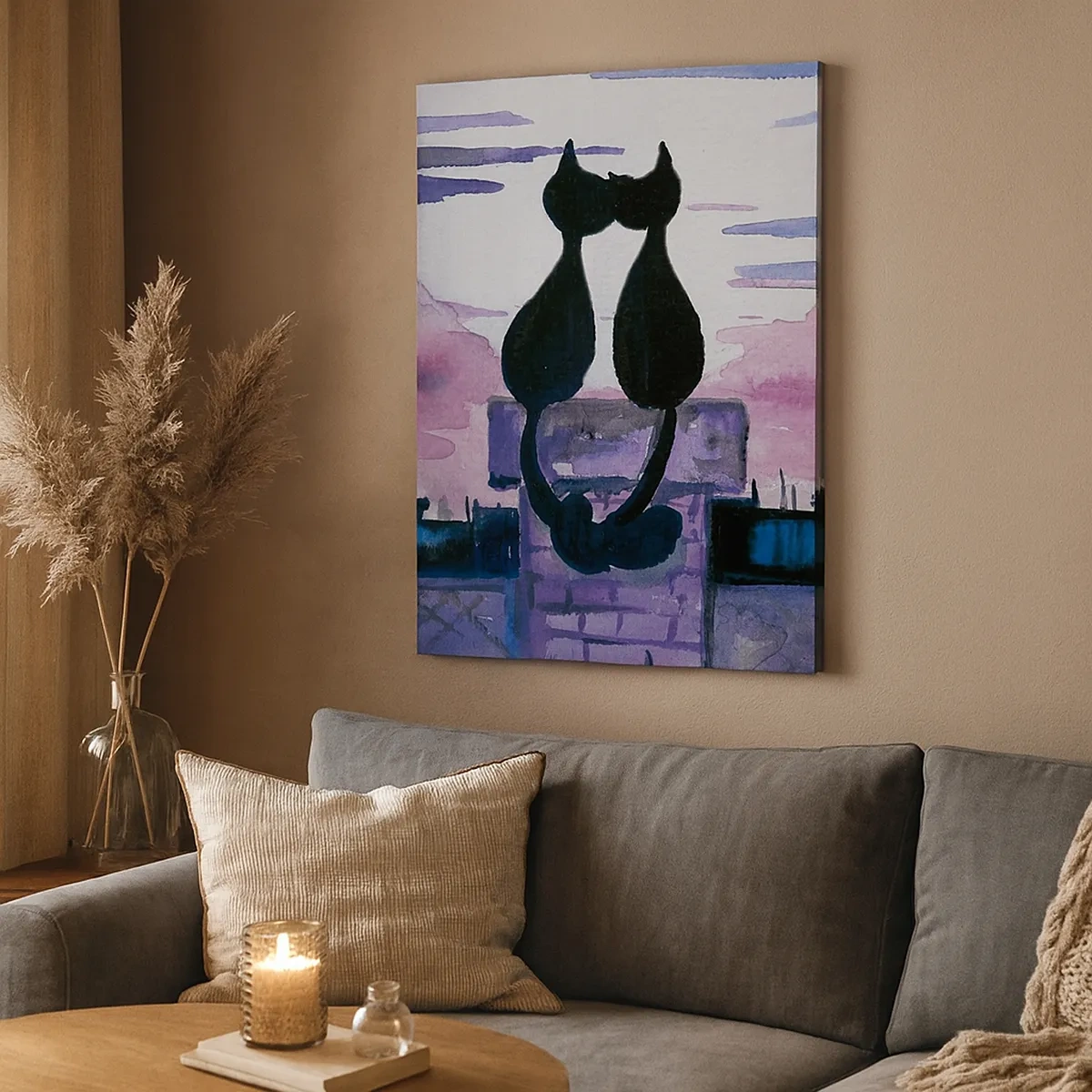 Impression sur toile - Image sur toile - Chats noirs sur un toit au clair de lune dans un décor aquarelle - 50x70cm - Rendez-vous sous la lune - Décoration murale moderne pour le salon et la chambre ARTTOR