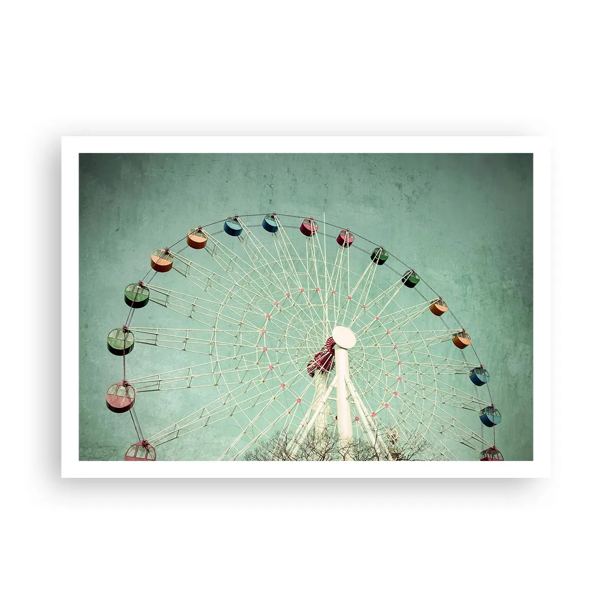 Affiche - Poster - Une grande roue colorée contre un ciel bleu dans un style rétro - 100x70cm - Nous vous invitons à vous amuser - Décoration murale moderne pour le salon et la chambre ARTTOR