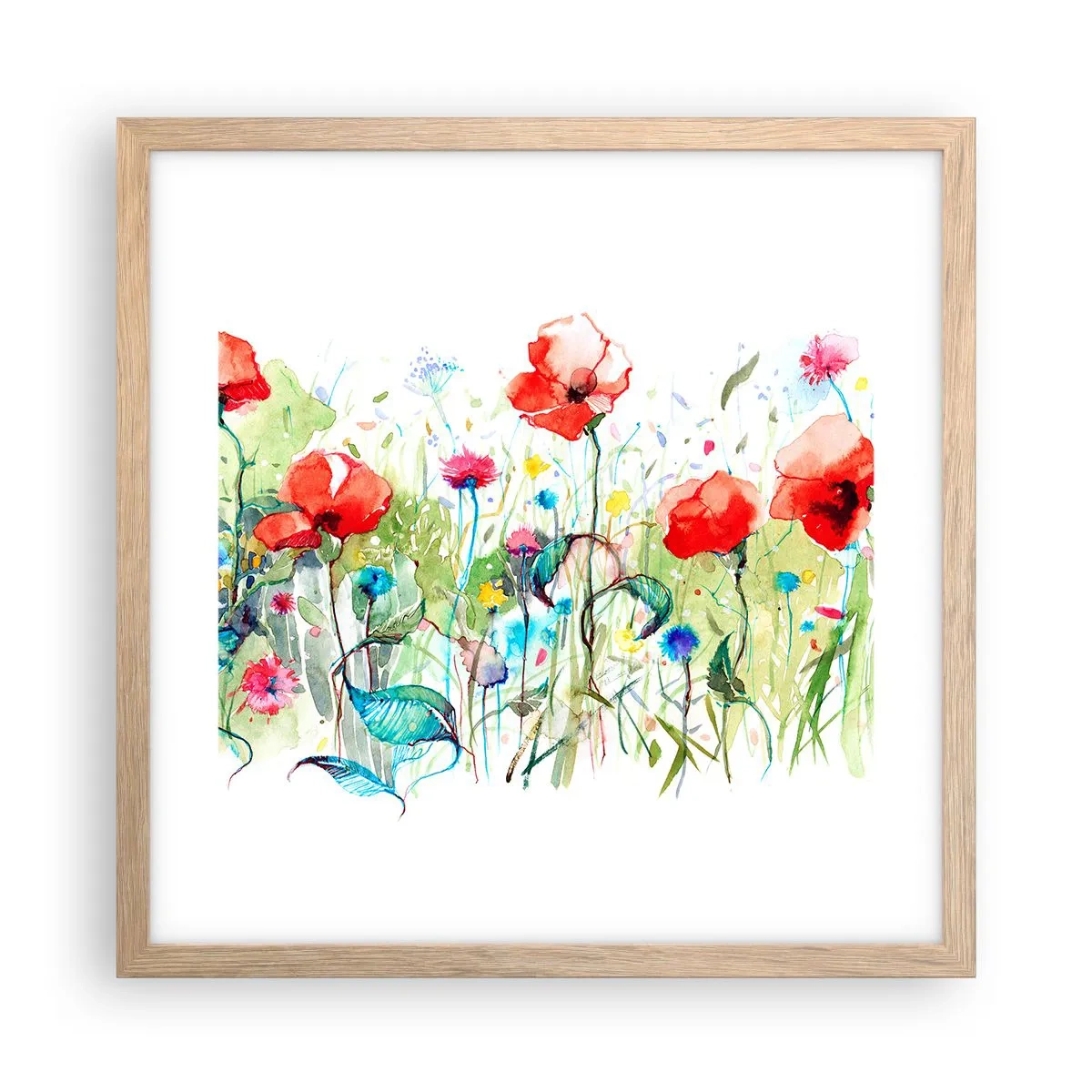Affiche dans un chêne clair - Poster - Prairie de fleurs en mai - 40x40 cm