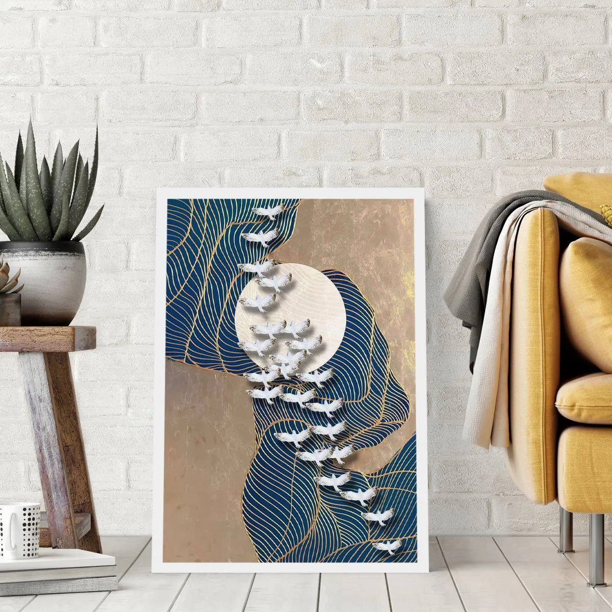 Affiche - Poster - Composition abstraite avec des oiseaux et la lune dans des tons dorés - 50x70cm - Liberté, errance, communauté - Décoration murale moderne pour le salon et la chambre ARTTOR