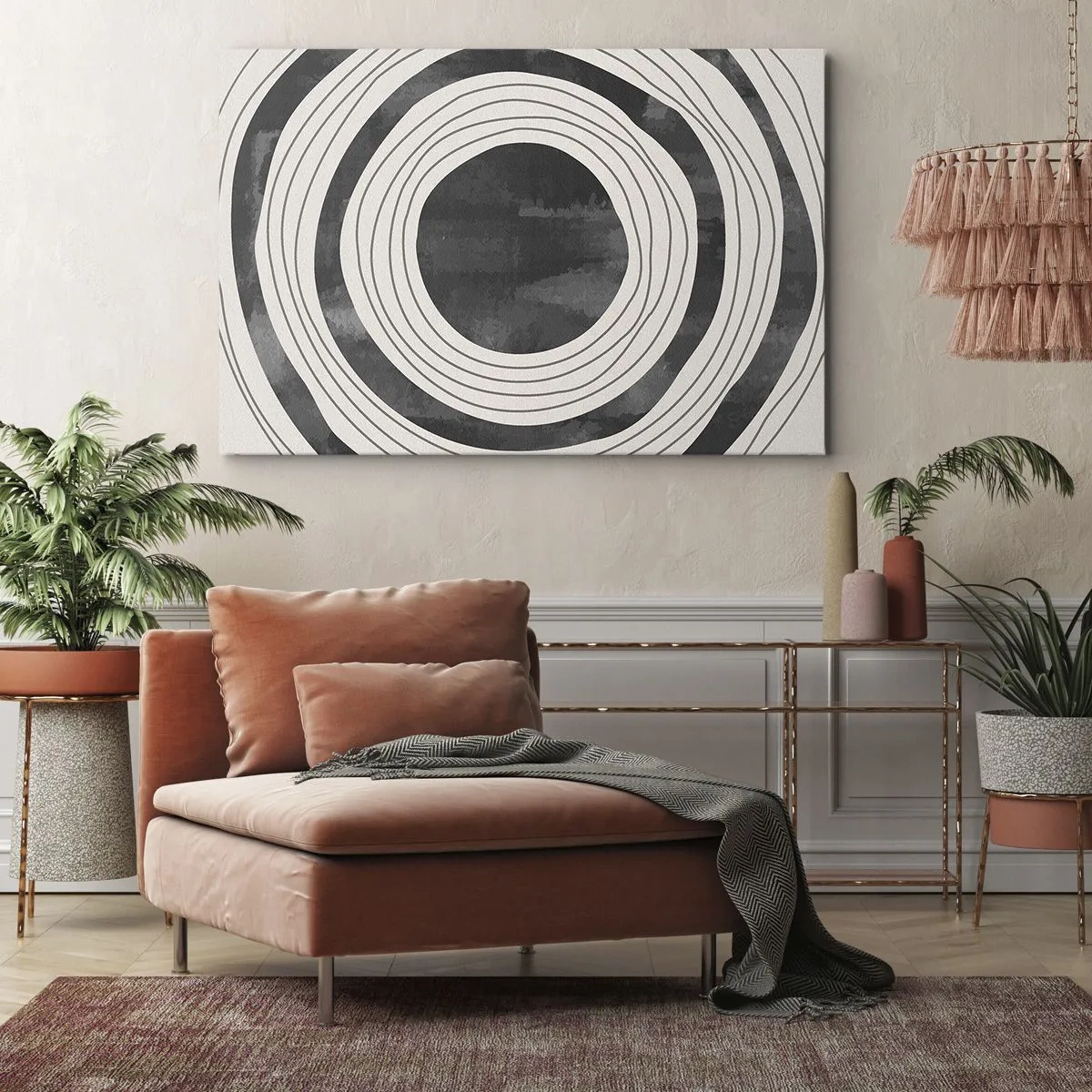 Impression sur toile - Image sur toile - Cercles concentriques noirs et blancs sur fond clair - 120x80cm - Droit au but - Décoration murale moderne pour le salon et la chambre ARTTOR