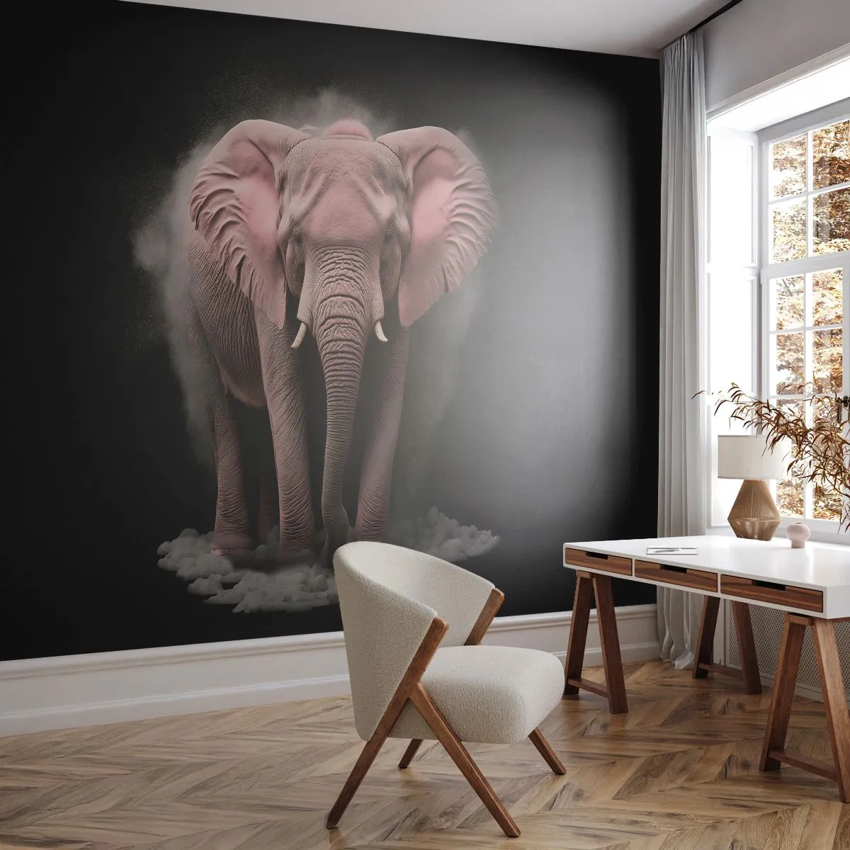 Papier Peint Photo Standard Eco - Un éléphant rose émergeant d'un fond sombre - 100x70cm - Ne pensez pas à un éléphant rose ! - Décoration murale moderne pour le salon et la chambre ARTTOR