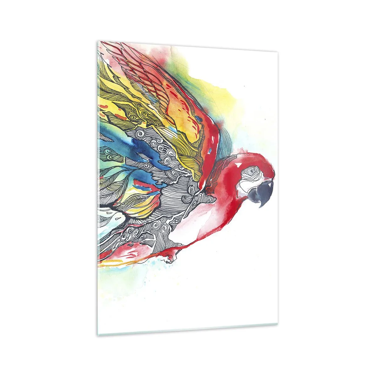 Impression sur verre - Image sur verre - Un perroquet coloré en vol avec des motifs abstraits sur ses ailes. - 70x100cm - Vivez haut en couleurs - Décoration murale moderne pour le salon et la chambre ARTTOR