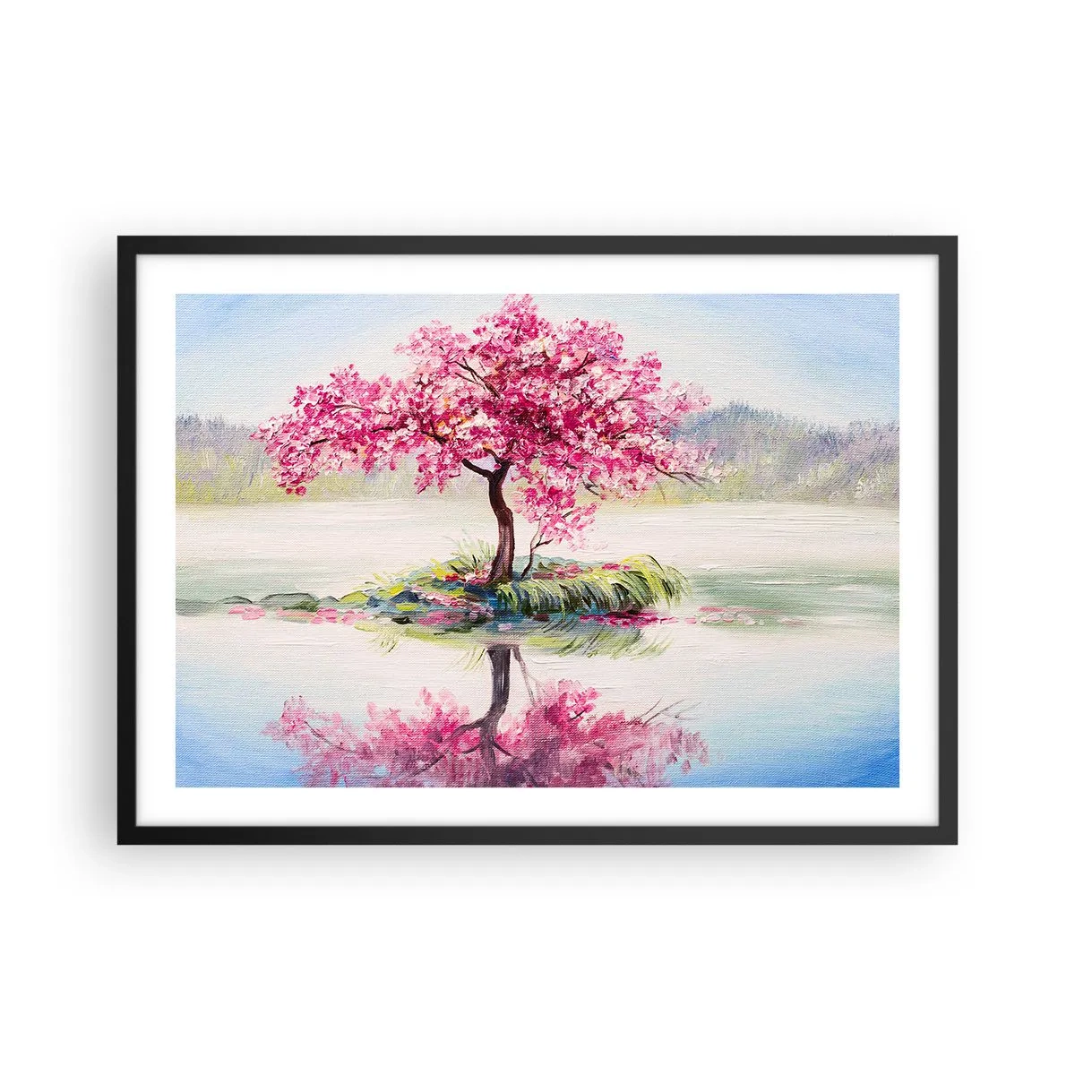 Affiche dans un cadre noir - Poster - Un arbre en fleurs sur une eau calme - 70x50cm - Fête du Printemps - Décoration murale moderne pour le salon et la chambre ARTTOR