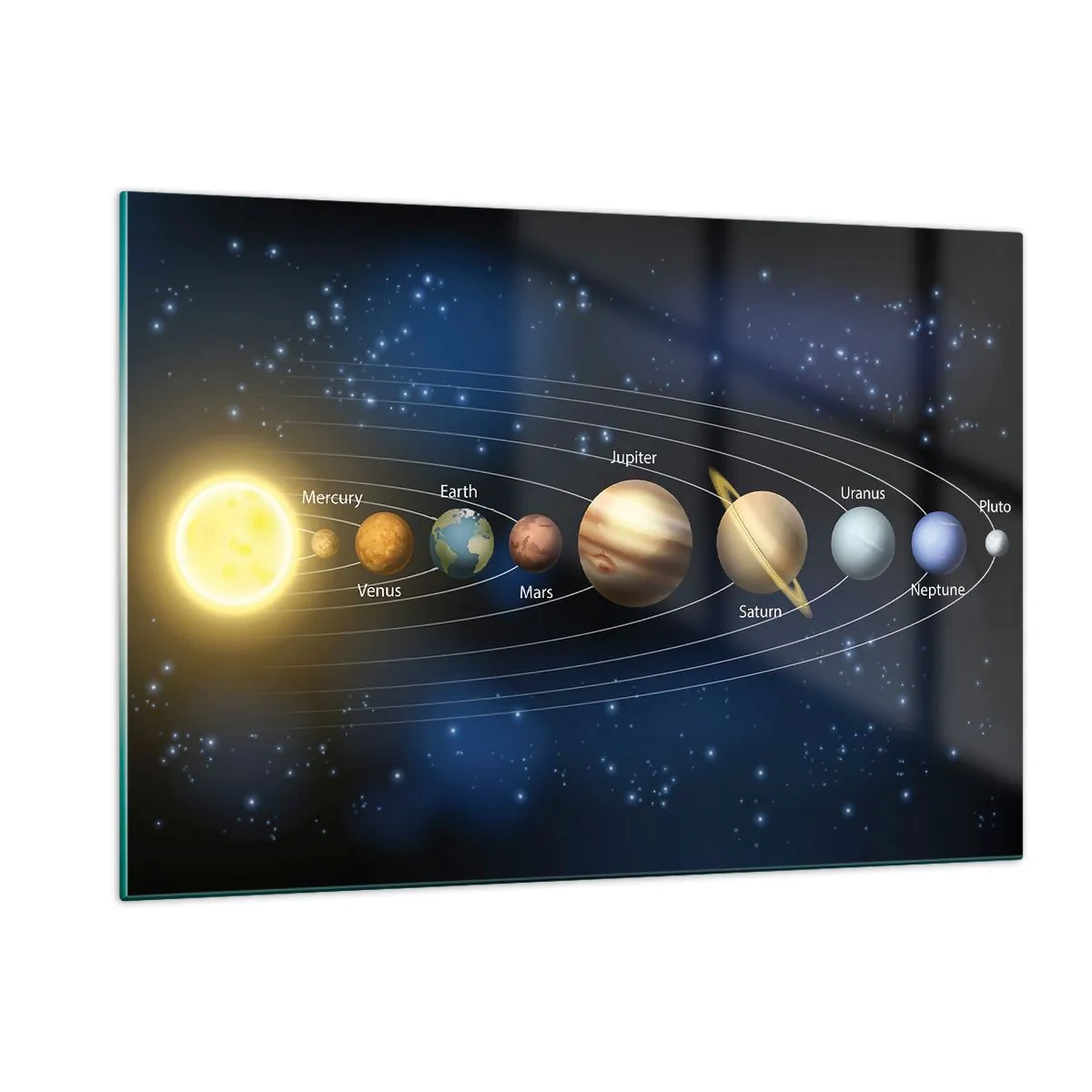 Impression sur verre - Image sur verre - Le système solaire avec des planètes et des étoiles en arrière-plan - 120x80cm - L'une des dix - Décoration murale moderne pour le salon et la chambre ARTTOR