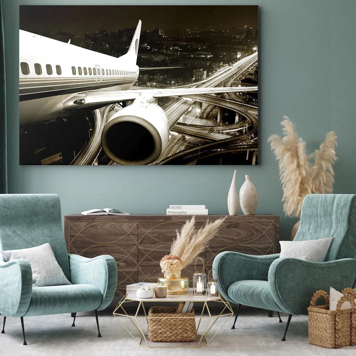Impression sur toile - Image sur toile - Un avion au-dessus d'une ville nocturne avec des autoroutes illuminées - 70x50cm - Vole dans la nuit - Décoration murale moderne pour le salon et la chambre ARTTOR