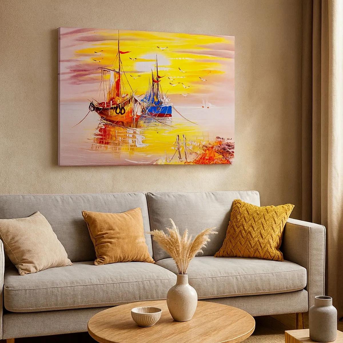 Impression sur toile - Image sur toile - Une scène picturale de bateaux sur une mer calme - 70x50cm - Un repos bien mérité au port - Décoration murale moderne pour le salon et la chambre ARTTOR