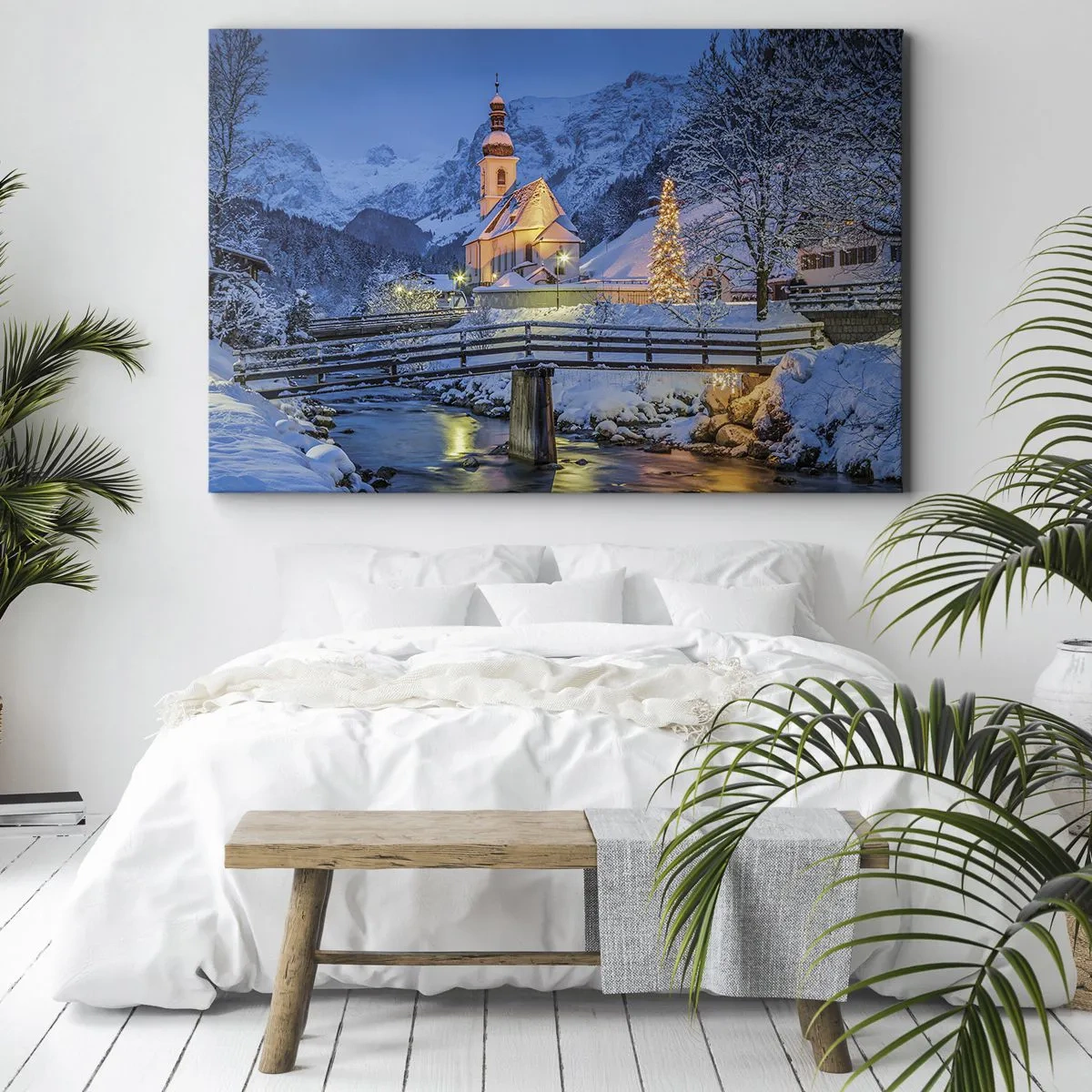 Impression sur toile - Image sur toile - Paysage d'hiver avec une église, un pont et des montagnes au crépuscule - 70x50cm - L'âme du monde - Décoration murale moderne pour le salon et la chambre ARTTOR