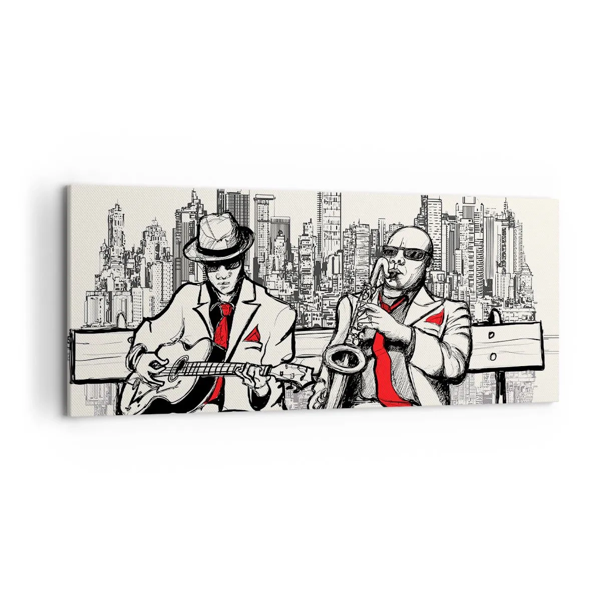 Impression sur toile - Image sur toile - Un duo de jazz avec saxophone et guitare sur fond de ville - 120x50cm - improvisation new-yorkaise - Décoration murale moderne pour le salon et la chambre ARTTOR