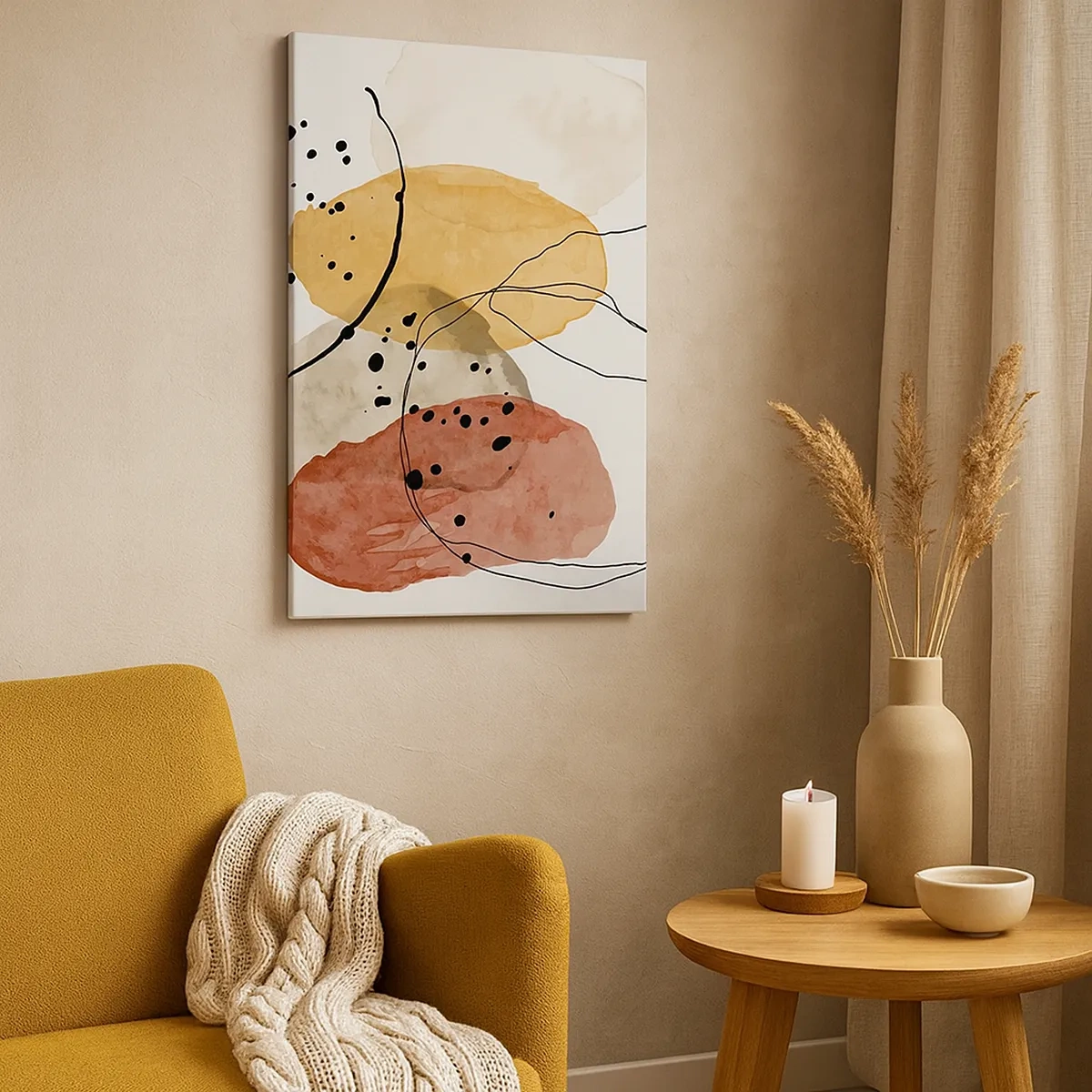 Impression sur toile - Image sur toile - Taches abstraites dans les tons beige, jaune et rouge - 50x70cm - Léger et transparent comme l'air - Décoration murale moderne pour le salon et la chambre ARTTOR