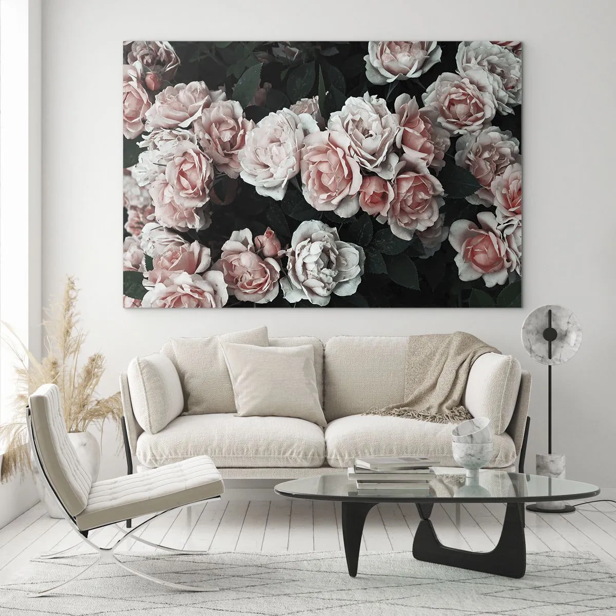 Impression sur verre - Image sur verre - Gros plan d'un bouquet de roses roses sur fond sombre - 120x80cm - Ensemble de rose - Décoration murale moderne pour le salon et la chambre ARTTOR