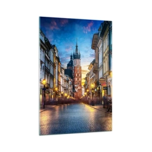 Impression sur verre - Image sur verre - Rue du soir avec vue sur la cathédrale de Cracovie - 70x100cm - La magie de Cracovie - Décoration murale moderne pour le salon et la chambre ARTTOR