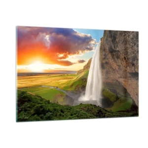 Impression sur verre - Image sur verre - Cascade islandaise sous les rayons du soleil couchant - 120x80cm - La plénitude de l'été islandais - Décoration murale moderne pour le salon et la chambre ARTTOR