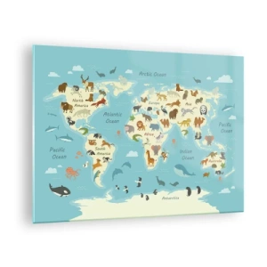 Impression sur verre - Image sur verre - Une carte du monde colorée avec des illustrations d'animaux de différents continents. - 70x50cm - De bons voisins - Décoration murale moderne pour le salon et la chambre ARTTOR