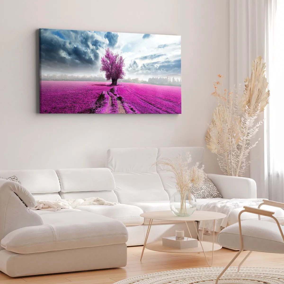 Impression sur toile - Image sur toile - Un arbre solitaire dans un champ dans une nuance de rose intense - 160x50cm - Lande - nature sauvage - Décoration murale moderne pour le salon et la chambre ARTTOR