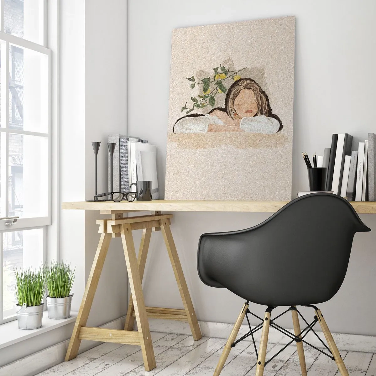 Impression sur verre - Image sur verre - Une femme appuyée sur une table parmi les branches d'un citronnier, le visage sans traits. - 50x70cm - La beauté du sud - Décoration murale moderne pour le salon et la chambre ARTTOR