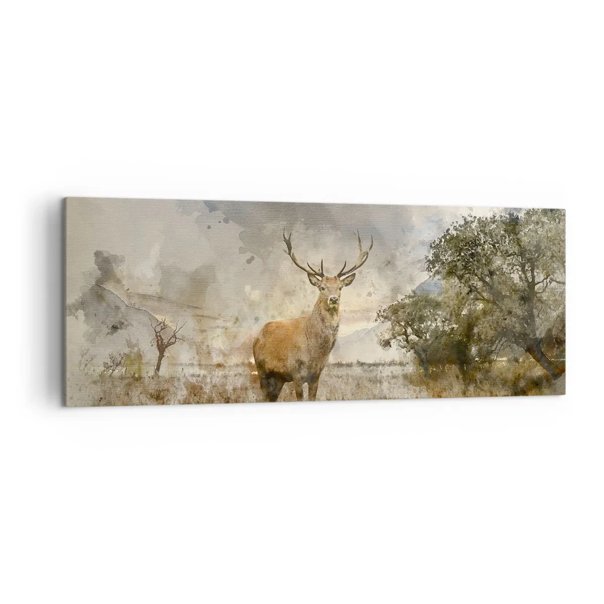 Impression sur toile - Image sur toile - Un cerf dans un cadre naturel dans un style aquarelle - 140x50cm - Dignité - force - majesté - Décoration murale moderne pour le salon et la chambre ARTTOR