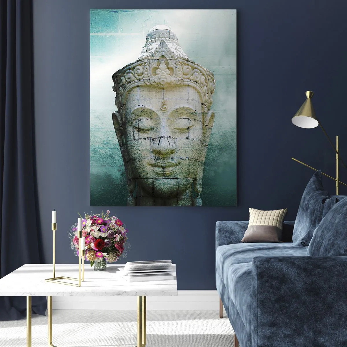 Impression sur verre - Image sur verre - Statue de Bouddha avec une douce brume sur un fond vert - 70x100cm - A la recherche de la lumière - Décoration murale moderne pour le salon et la chambre ARTTOR