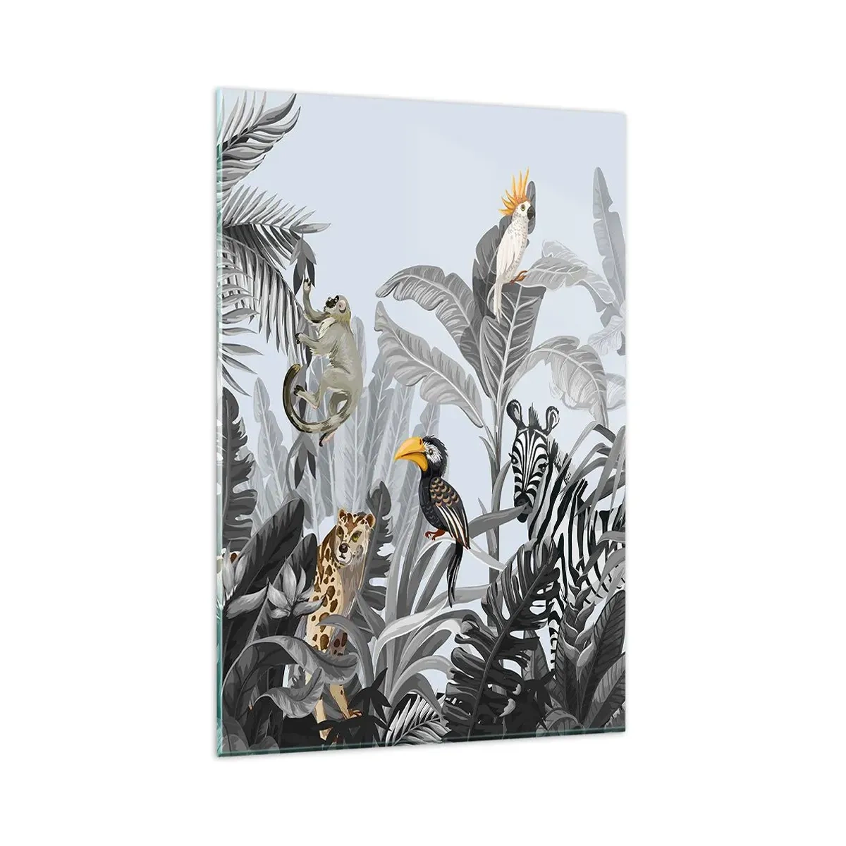 Impression sur verre - Image sur verre - Jungle tropicale avec des animaux exotiques sur fond gris - 80x120cm - Conte de fées africain - Décoration murale moderne pour le salon et la chambre ARTTOR